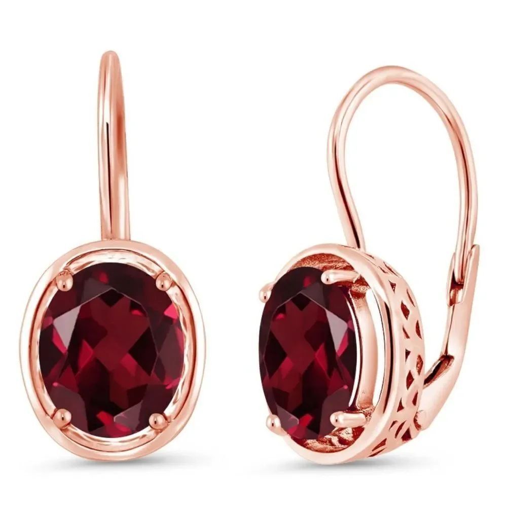 18K Rose Gold 925 with 4.00 Cttw Rhodolite Garnet Oval Leverback Drop Earrings